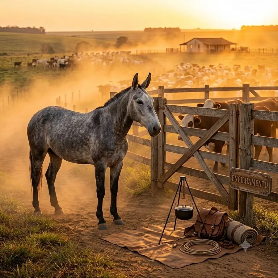 Mula sem arreamento vista de lado, mostrando o dorso mais reto e mais largo que o do cavalo