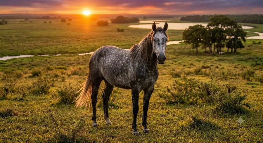 Cavalo em campo alagado do Pantanal, corixo e vegetação ao pôr do sol