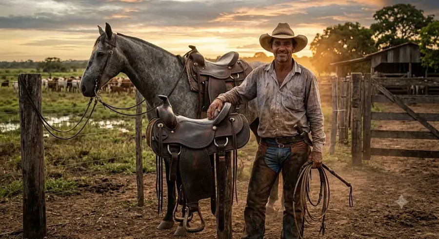 Peão ao lado de cavalo arreado em curral de terreno alagado, gado ao fundo
