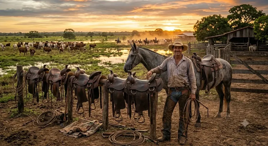 Selas e arreios de couro pendurados em cerca de curral, com gado e peão ao fundo